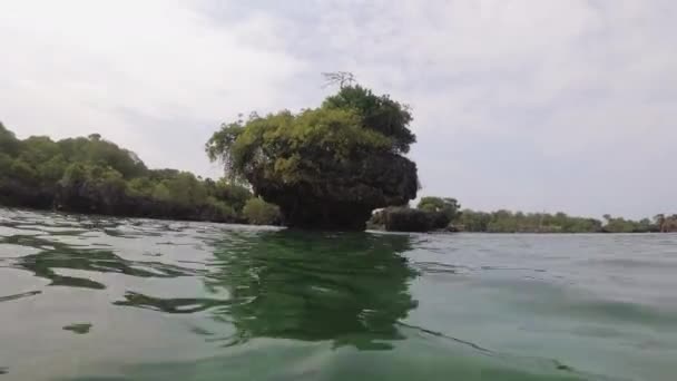 Лагуна на острове Квале в заливе Менай, мангровые заросли с рифами и скалами, Занзибар — стоковое видео