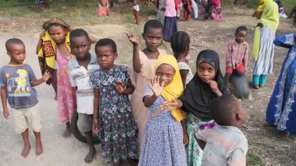 Happy Local African Kids Śmieszne machanie ręką i ciekawy wygląd, Zanzibar Village — Wideo stockowe
