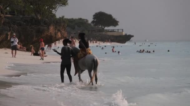 Ridning på en tropisk strand längs havets sandkust, Zanzibar — Stockvideo