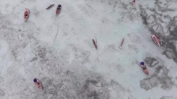 Viele Fischerboote stecken bei Ebbe vor der Küste im Sand, Sansibar, Luftaufnahme — Stockvideo