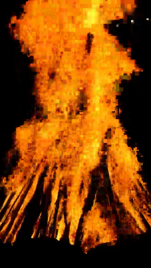 Vídeo vertical fogueira queima à noite em um fundo preto na natureza — Vídeo de Stock