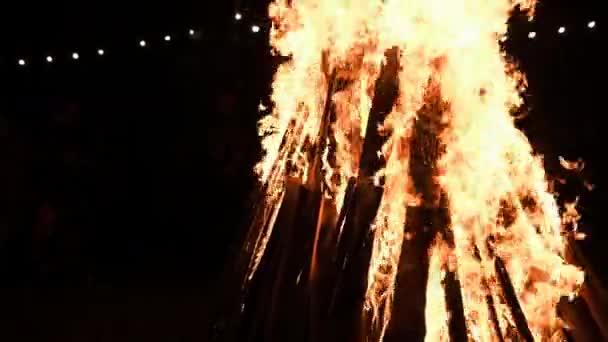 Wielkie ognisko pali się w nocy w zwolnionym tempie na czarnym tle natury — Wideo stockowe
