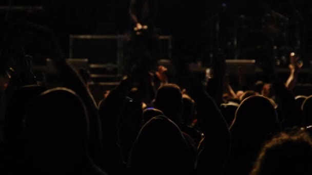 Multitud de personas en un concierto de rock levanta sus manos y aplaude, fans — Vídeo de stock