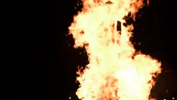 Grande fogueira queima à noite em câmera lenta em um fundo preto na natureza — Vídeo de Stock
