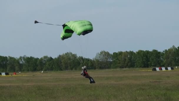 Der Fallschirmspringer fliegt und landet auf dem Boden, Extremsport — Stockvideo