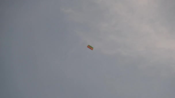 Parachutist vliegt hoog in de lucht met een parachute., Tandemsprong — Stockvideo