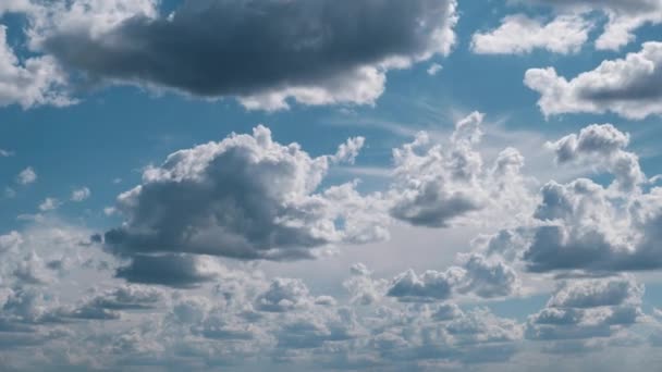 Las nubes de verano flotan a través del cielo azul en forma de lanzaderas, Timelapse — Vídeos de Stock