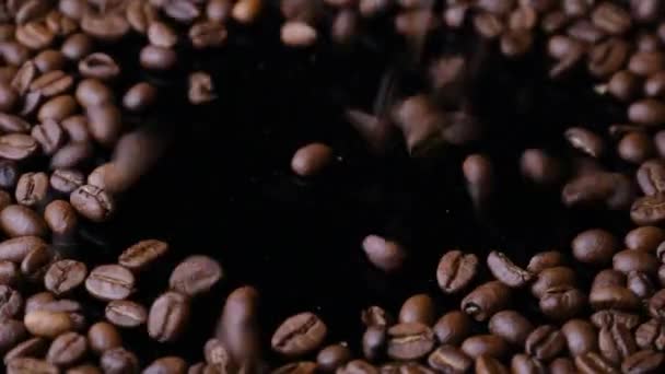 Los granos de café caen en la placa y giran lentamente — Vídeo de stock