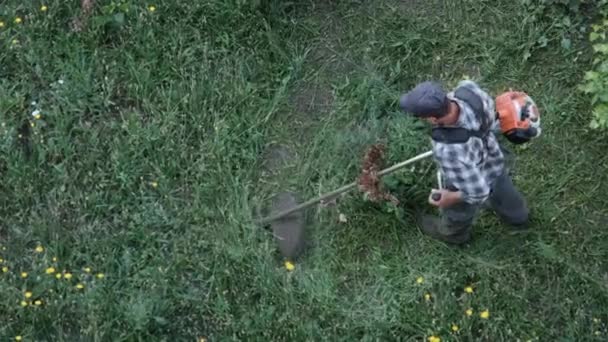 El hombre corta la hierba con un cortacésped manual de gasolina — Vídeos de Stock