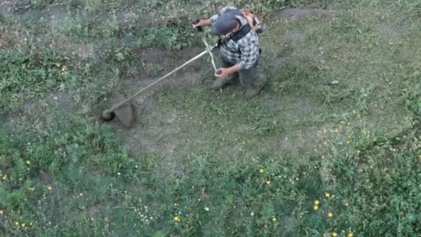 Man klipper gräset med en manuell bensingräsklippare — Stockvideo