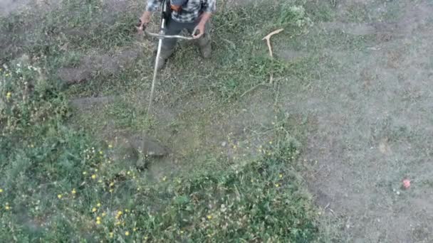 Homem corta a grama com um cortador de grama a gasolina manual — Vídeo de Stock