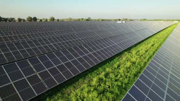Vista aérea de la central solar en el campo verde al atardecer, paneles solares en fila — Vídeo de stock