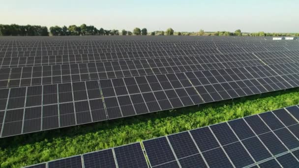 Günbatımında Yeşil Alan 'daki Hava Görüntüleme Güneş Enerji İstasyonu, Satırda Güneş Panelleri — Stok video
