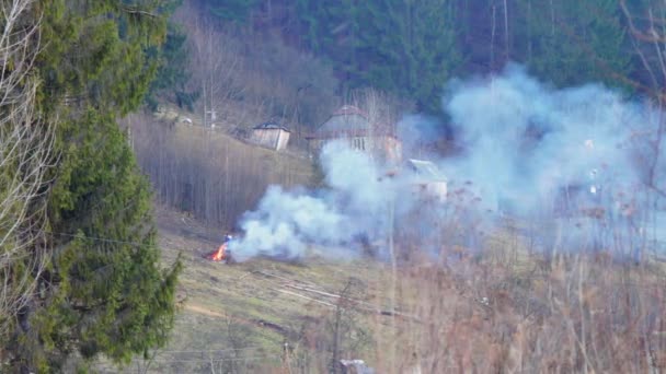 El fuego arde en el bosque y hay mucho humo. — Vídeo de stock