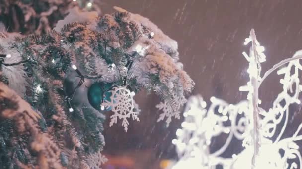 Kerstboom op de straat. Close-up. — Stockvideo