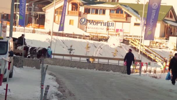 Paard en wagen gaat met mensen op de straat — Stockvideo