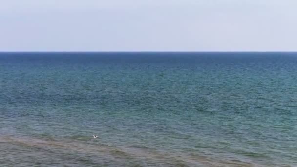 En man på en öde strand simmar på havet. — Stockvideo
