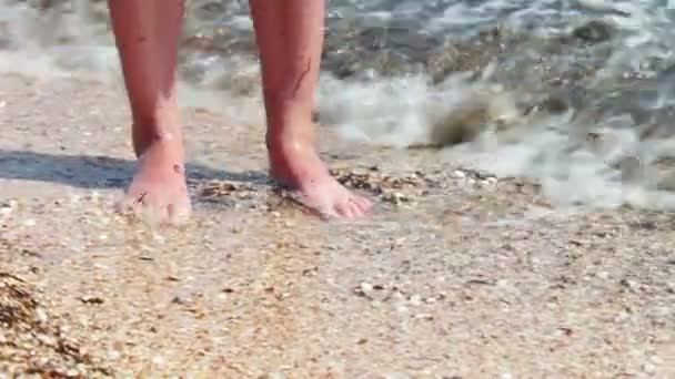 Pernas de uma menina bonita em uma praia de areia lavada pelas ondas do mar do mar . — Vídeo de Stock