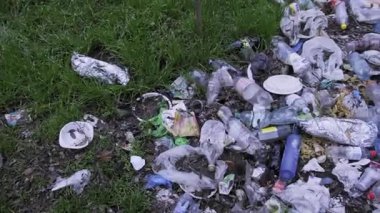 Plastik şişeler ve folyolar da dahil olmak üzere bir yığın ev çöpü yeşil çimenleri kirletiyor. Kamera, doğal ortamdaki çevresel ihmalkarlığı vurgulayan yasadışı atık alanına bakıyor..