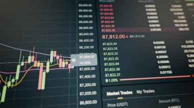 Bilgisayar ekranındaki kripto para alım satım grafiği dalgalı fiyatlar ve canlı sipariş defteri gösteriyor. Ekranda hızla değişen rakamlar, piyasa uçuculuğu ve finansal veriler vurgulanıyor.