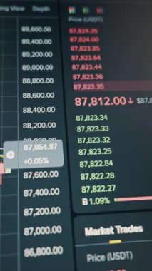 Dijital kripto döviz arayüzü hızla değişen fiyatlarla birlikte canlı sipariş kitabı gösteriyor. Kırmızı ve yeşil sayılar, karanlık mod ticaret platformunda piyasa değişkenliğini gösteriyor.