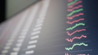 Dijital ekranda, dalgalanan kırmızı ve yeşil fiyat çizgileriyle birlikte canlı bir borsa ticaret grafiği gösteriliyor. Sığ alan derinliği koyu bir arkaplan karşısında gerçek zamanlı veri grafiğine odaklanır.