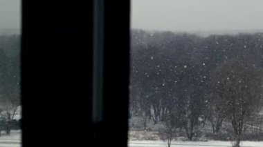 Kar taneleri, çıplak ağaçlarla dolu bir kış manzarasına düzenli olarak düşer. Kamera yavaş yavaş sağa dönüyor ve sahneyi kapalı bir perspektiften gösteriyor..
