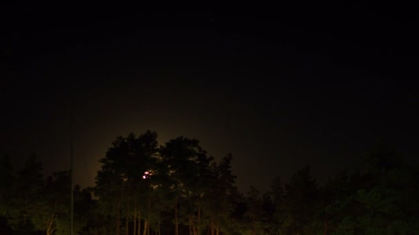 Luna de noapte răsare la orizont și copaci pe fundalul stelelor de noapte și al norilor . — Videoclip de stoc