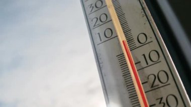 Bir pencere termometresi, bulutların mavi gökyüzünde hızla uzaklaşırken serin bir sıcaklık göstermektedir. Değişen hava modelleri, iklim izleme ve mevsimsel geçişler kavramı.