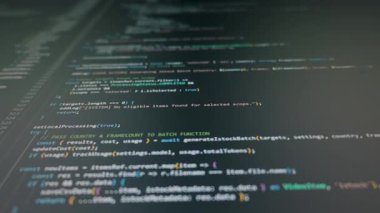 Renkli Javascript söz dizimi parşömenleri koyu renk tema düzenleyicisindeki bir monitörden sürekli aşağı kayar. Konsept, titreşim kodlamasını ve otomatik yazılım geliştirme süreçlerinin akış durumunu gösterir..