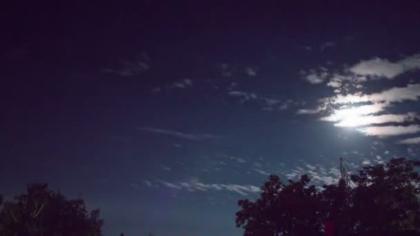 Lune de nuit se lève à l'horizon et les arbres sur le fond des étoiles de la nuit et des nuages . — Video