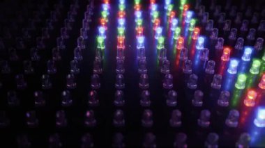 RGB LED ışıkları yanıp sönen dijital bir panele yakın çekim yapmak dinamik ve renkli bir desen yaratıyor. Teknoloji kavramı, veri akışı, gece kulübü görselleri ve modern elektronik..
