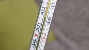 Tıbbi termometre, vücut ısısının neredeyse 39 derece olduğunu gösteriyor. Kamera yavaşça uzaklaşır tam ölçekli ve yükselen sıvı sütunu gösterir.