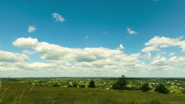 Landschap, wolken verplaatsen over een veld met bomen. — Stockvideo