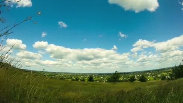 Paisaje, nubes moviéndose sobre un campo con árboles . — Vídeo de stock