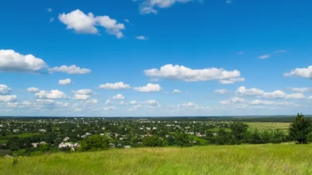 Landscape, clouds moving over a field with trees. — Stock Video