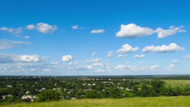 Paisaje, nubes moviéndose sobre un campo con árboles . — Vídeos de Stock