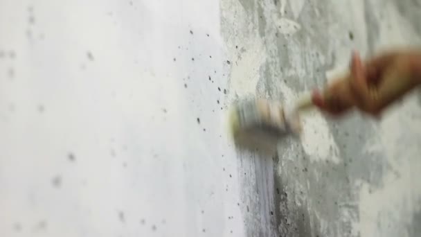 Pintar la pared de hormigón blanco con un pincel . — Vídeo de stock