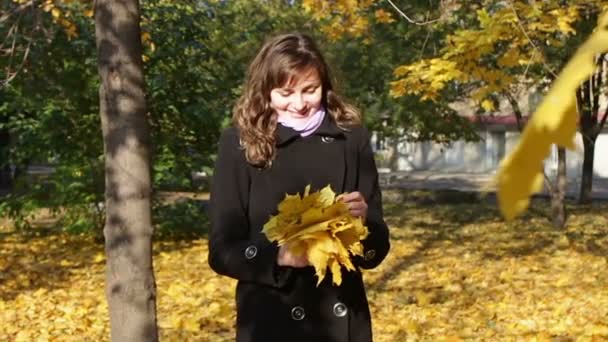 Menina feliz no parque de outono joga folhas caídas amarelas . — Vídeo de Stock