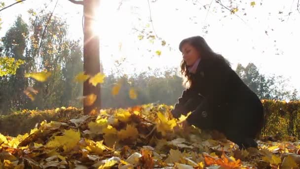 Een meisje gooit gele bladeren van de takken van bomen in de herfst park. — Stockvideo