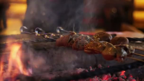 Kebab připravil na grilu v restauraci. — Stock video