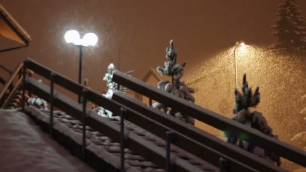 Snöat på natten på bakgrund av en lyktstolpe. — Stockvideo