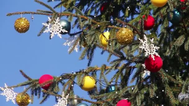 배경 푸른 하늘에 크리스마스 트리 장식. — 비디오