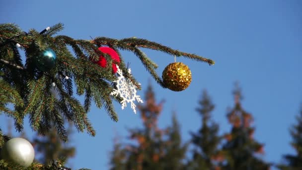 Geschmückter Weihnachtsbaum auf Hintergrund blauer Himmel. — Stockvideo