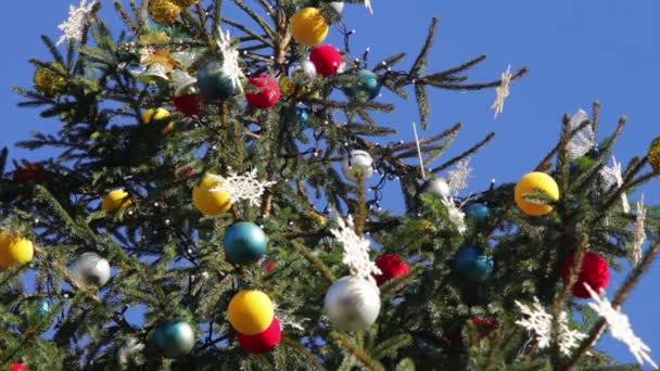 Geschmückter Weihnachtsbaum auf Hintergrund blauer Himmel. — Stockvideo