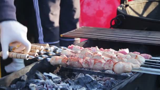 Barbekü ızgara ızgara üzerinde hazırlanır. — Stok video