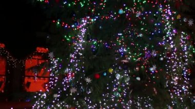 Işıklar, geceleri oyuncaklarla süslenmiş Noel ağacı.