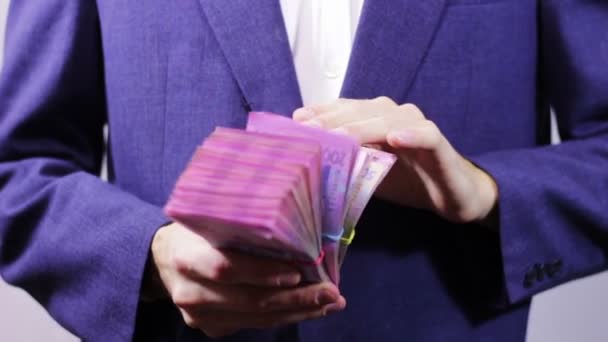 Empresario con fajos de dinero en las manos . — Vídeos de Stock