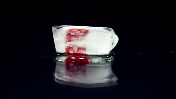 Игра в Red Casino Dice Cubes It Melts in the Ice — стоковое видео