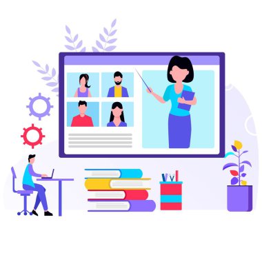 Video Konferansının İllüstrasyon Vektörü Grafiği. Karantina sırasında sosyal uzaklık